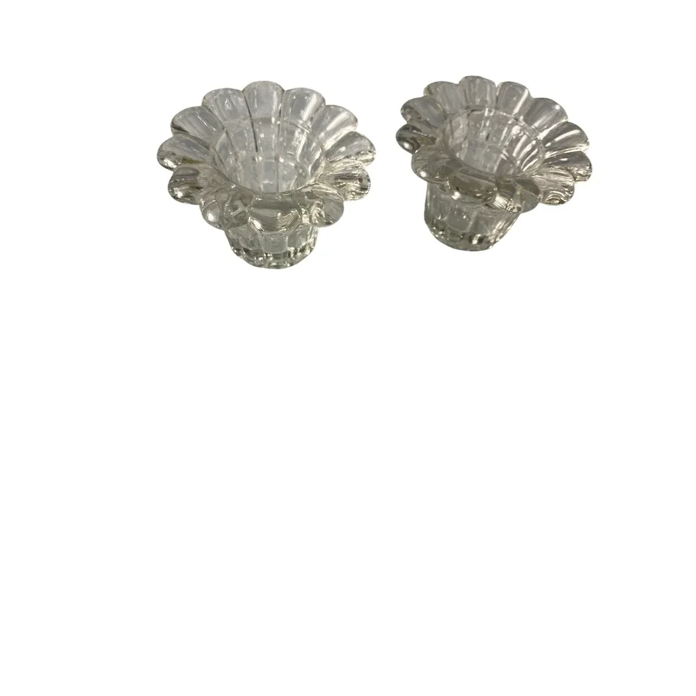 Vintage Clear Glass Scalloped Flower Petal Candle Holder Set of 2 Votive Taper